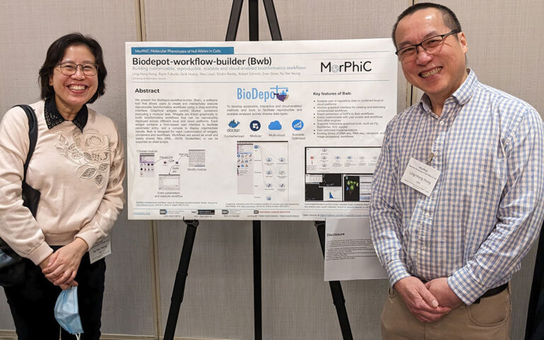 Dr. Ka Yee Yeung and Dr. Ling-Hong Hung pose next to a poster describing Biodepot-workflow-builder