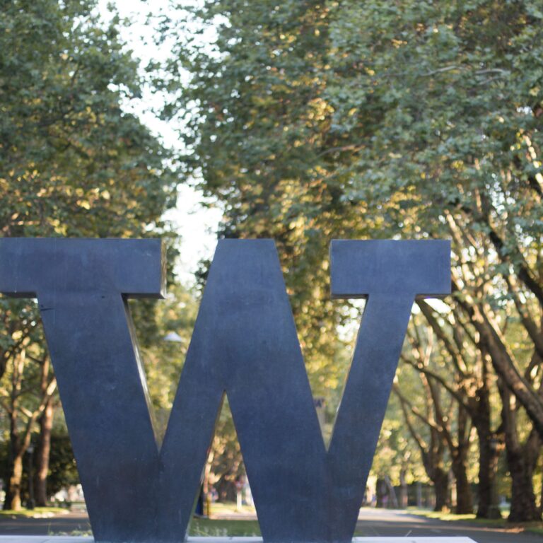 The large "W" sculpture on the northern edge of UW's Seattle campus