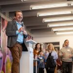 Vice Provost for Innovation François Baneyx addresses CoMotion open house on May 1.