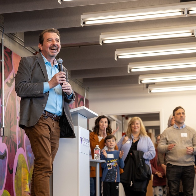 Vice Provost for Innovation François Baneyx addresses CoMotion open house on May 1.