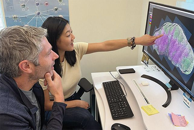 Postdoctoral fellow Jaime Chao and her immunology mentor, Michael Gerner, look over microscopy data together
