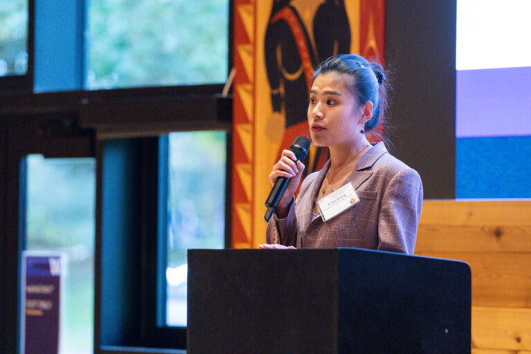Researcher Cheri Fang gives a one-minute pitch at the 2024 UW School of Medicine Inventor of the Year reception