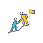 One stick figure helps another one up a hill toward a flag.