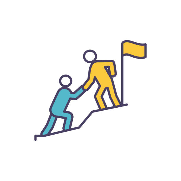 One stick figure helps another one up a hill toward a flag.