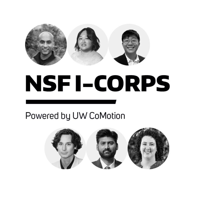 Square image with the text "NSF I-Corps, powered by CoMotion" and six headshots of people quoted in the story.