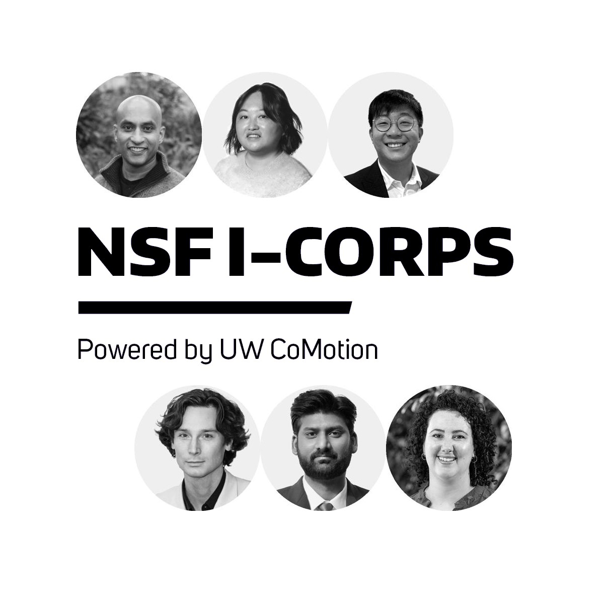 Square image with the text "NSF I-Corps, powered by CoMotion" and six headshots of people quoted in the story.