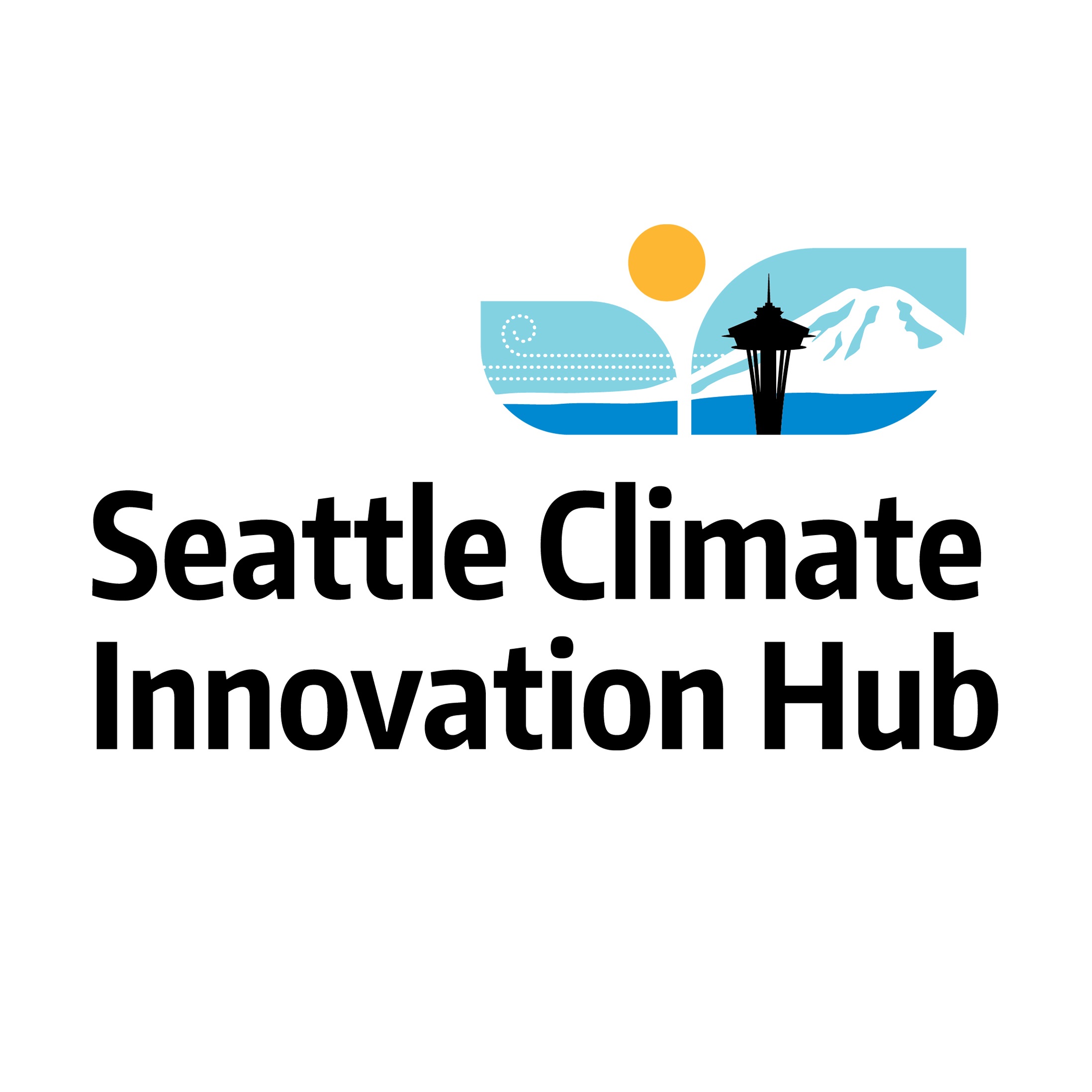 Logo with the text "Seattle Climate Innovation Hub" and graphic of silhouette of Space Needle against water and a setting sun.