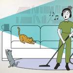 illustration showing woman vacuuming and singing with headphones, cats on couch and a video camera where illustration shows person in view