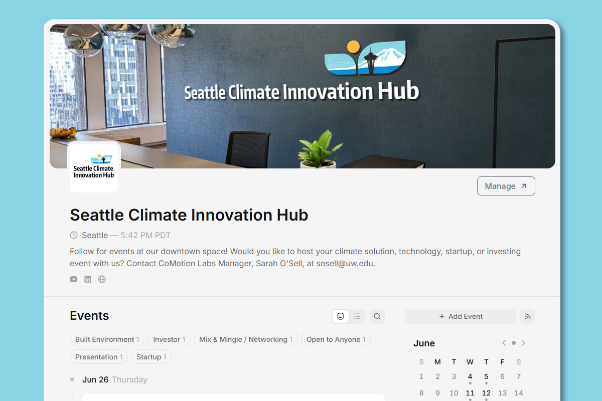 Photo of the Seattle Climate Innovation Hub Luma events page