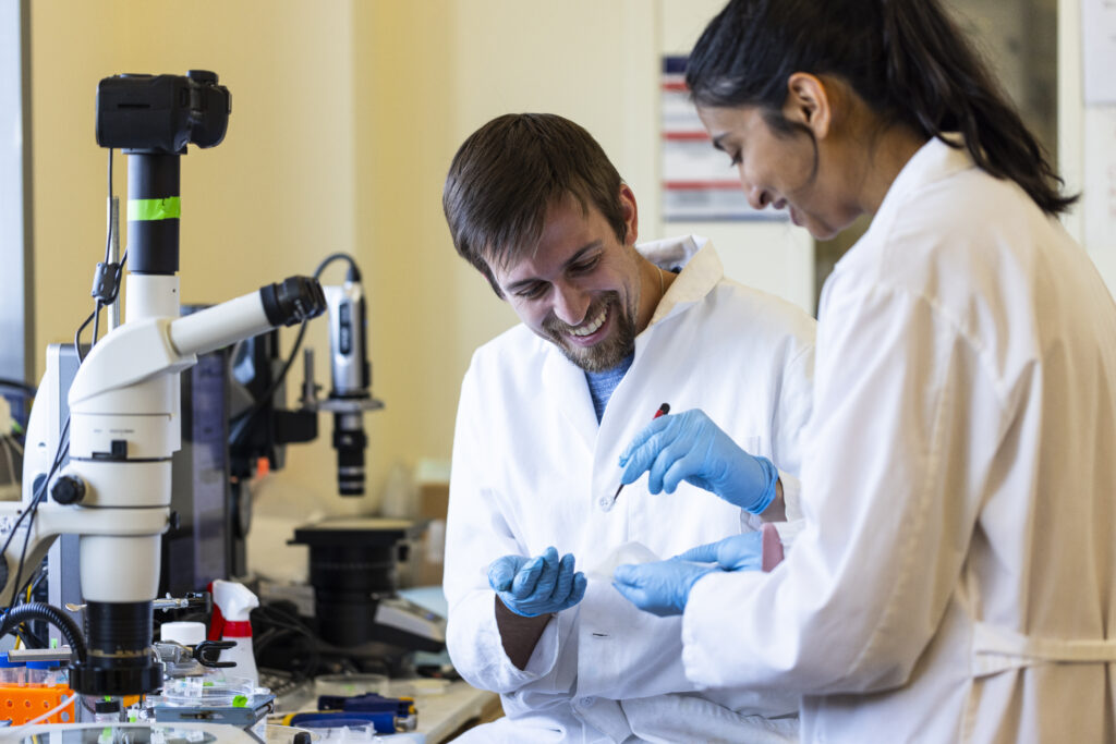 Two people conducting an experiment in the Folch Lab