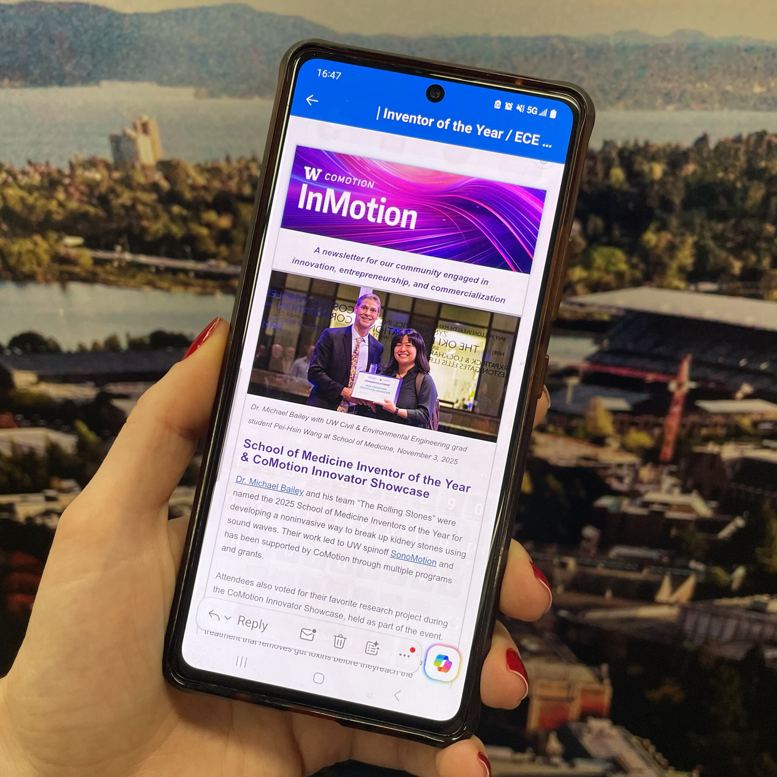 Reading newsletter on phone