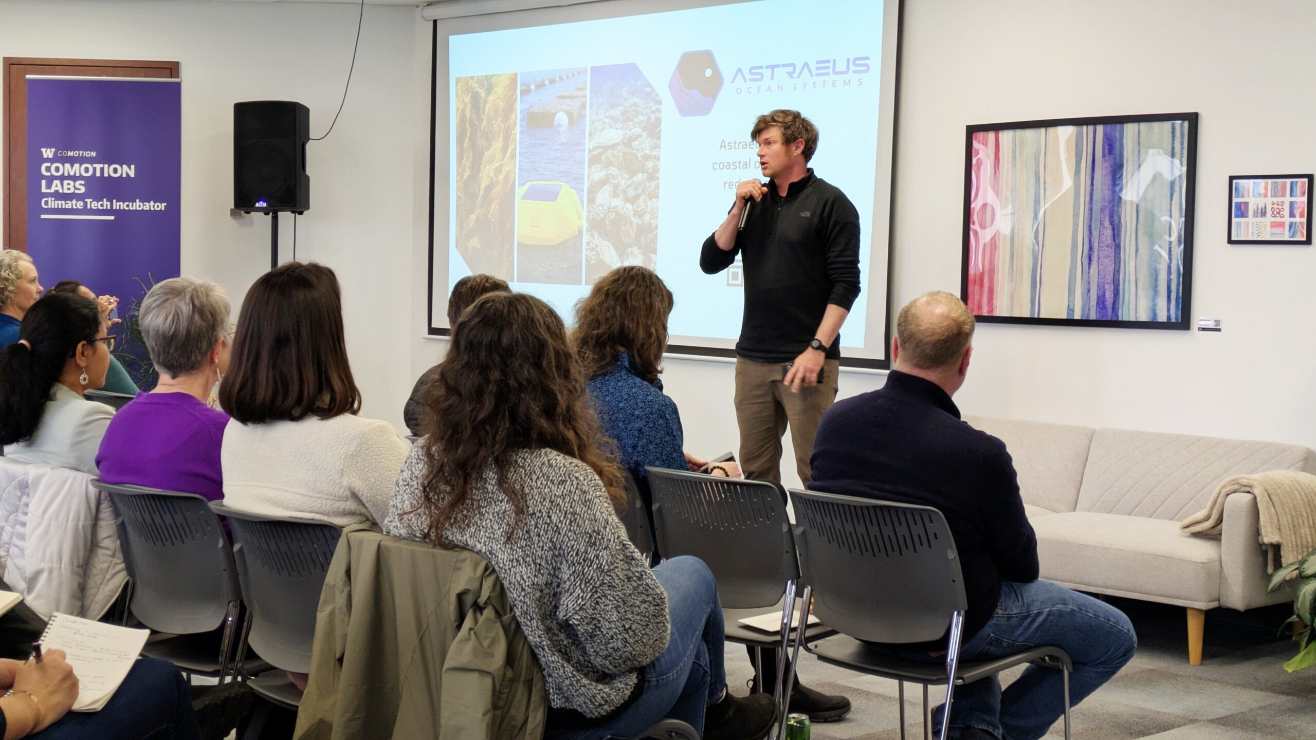 Sean Kolk, Co-Founder of Astraeus Ocean Systems, delivers an elevator pitch at the Incubator kickoff event in April 2026.