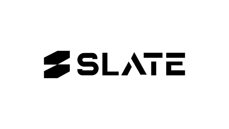 Logo for Slate featuring a black geometric icon next to the word “SLATE.”