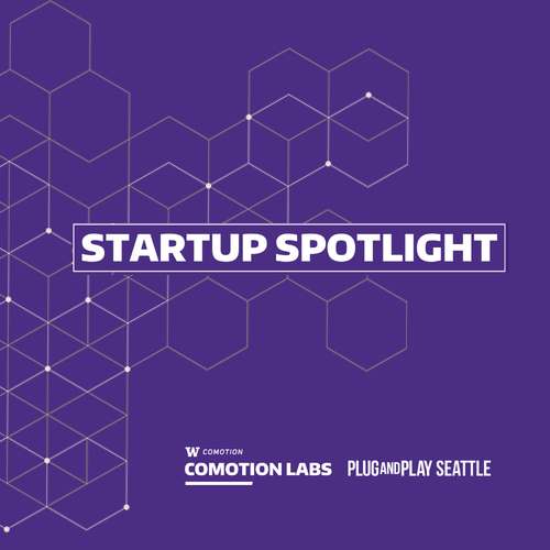 "Startup Spotlight", "CoMotion Labs", "Plug and Play" with decorative motif in background