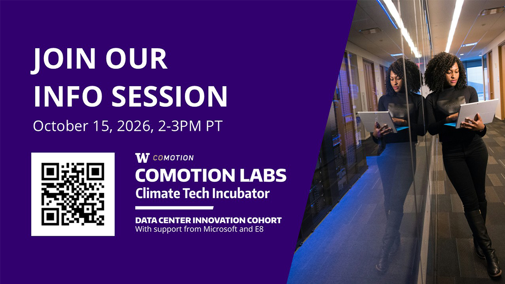 CoMotion Labs Climate Tech Incubator info session for the Data Center Innovation Cohort on October 15, 2026, from 2–3 PM PT, with a QR code and an image of two women using laptops in a data center.