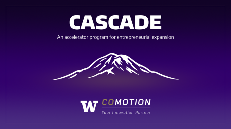 CASCADE accelerator program graphic featuring a stylized mountain illustration on a purple background, with the subtitle “An accelerator program for entrepreneurial expansion.