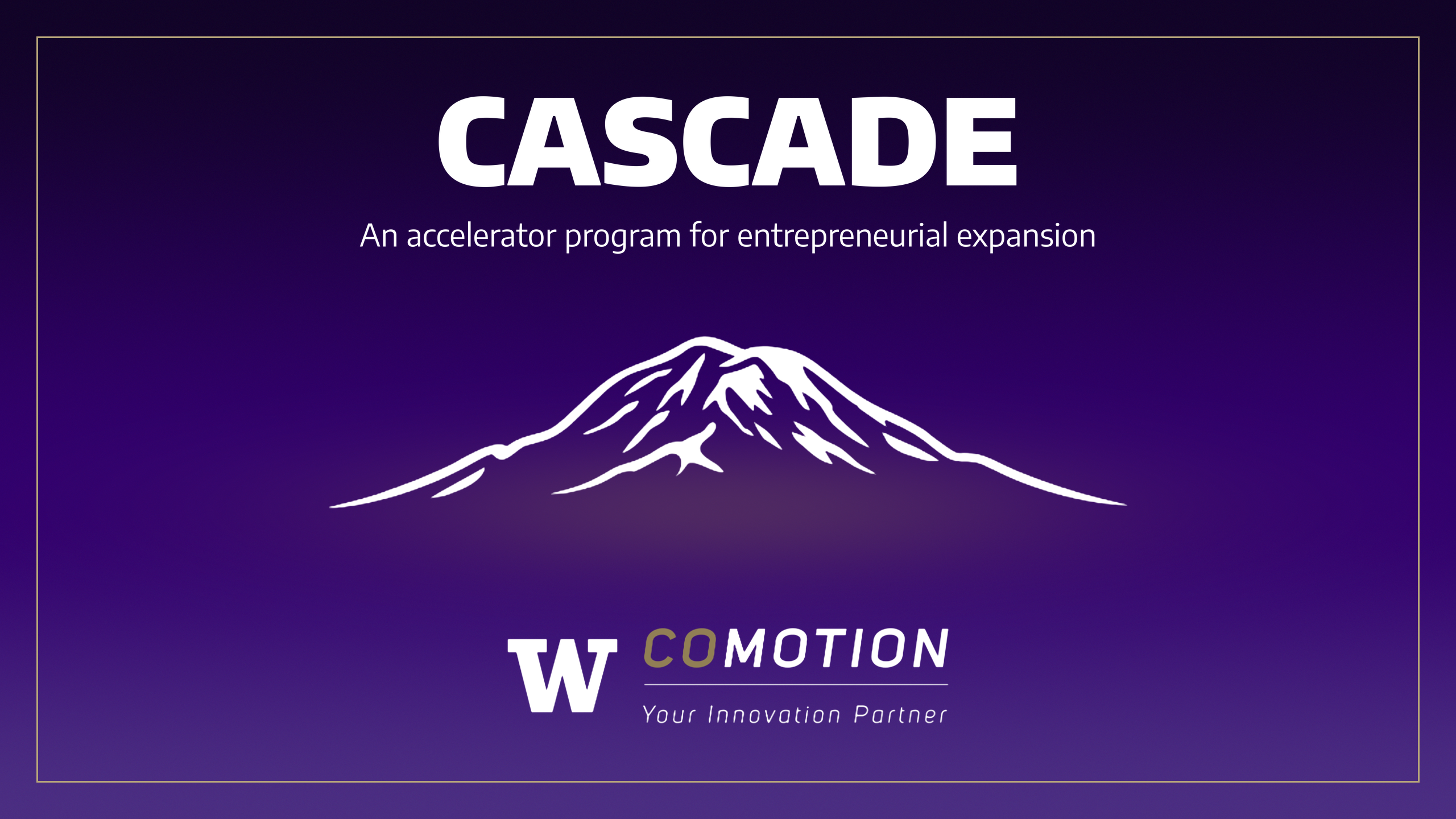 CASCADE accelerator program graphic featuring a stylized mountain illustration on a purple background, with the subtitle “An accelerator program for entrepreneurial expansion.