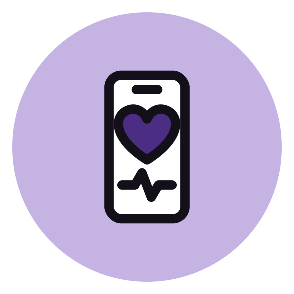 Smartphone with a heart and heartbeat line representing digital health and health IT.