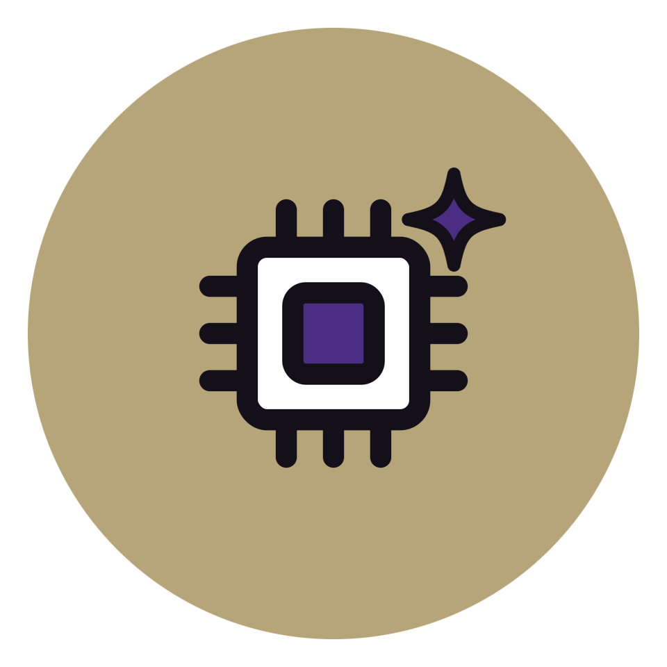 Microchip icon with a sparkle representing electronics and photonics.