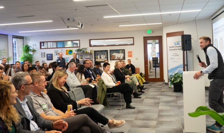 Taylor Brugh, Microsoft sustainability markets partnerships & ops lead, at Tuesday’s CoMotion Labs Climate Tech Incubator Demo Day, where the data center-focused program was announced.